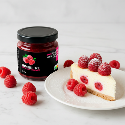 Just Jam Himbeere Marmelade neben Himbeer-Cheesecake auf Marmor – zuckerfrei, glutenfrei, vegan, 200g