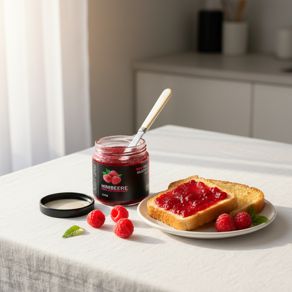 Just Jam Himbeere Marmelade zum Fruehstueck auf weissem Leinen mit Brioche und frischen Himbeeren – zuckerfrei, 200g