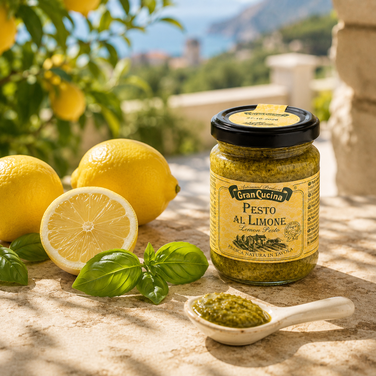 Gran Cucina Lemon Pesto mit frischen Zitronen und Basilikum auf einer mediterranen Terrasse