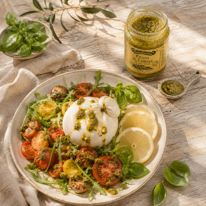 Burrata mit Tomaten, Rucola und Gran Cucina Lemon Pesto auf mediterran gedecktem Tisch