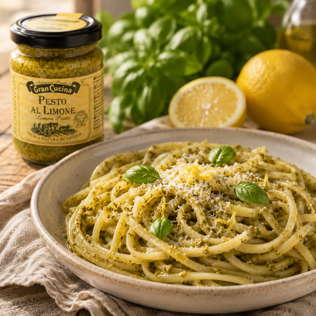 Linguine mit Gran Cucina Lemon Pesto, Parmesan, Zitronenzeste und frischem Basilikum