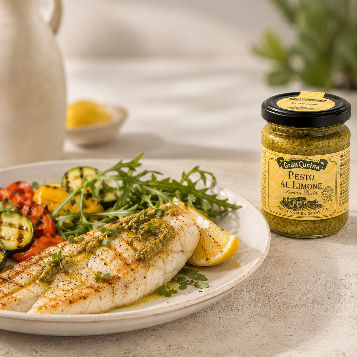 Gegrilltes Fischfilet mit Gran Cucina Lemon Pesto, Zitrone, Rucola und Gemüse