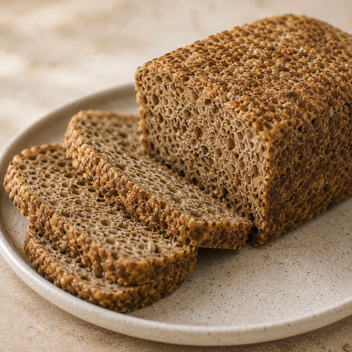 Aufgeschnittenes Low Carb Brot Das Feine BIO mit sichtbarer Saatenstruktur auf einem