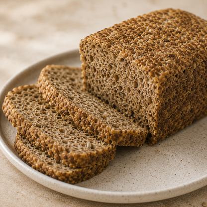 Aufgeschnittenes Low Carb Brot Das Feine BIO mit sichtbarer Saatenstruktur auf einem