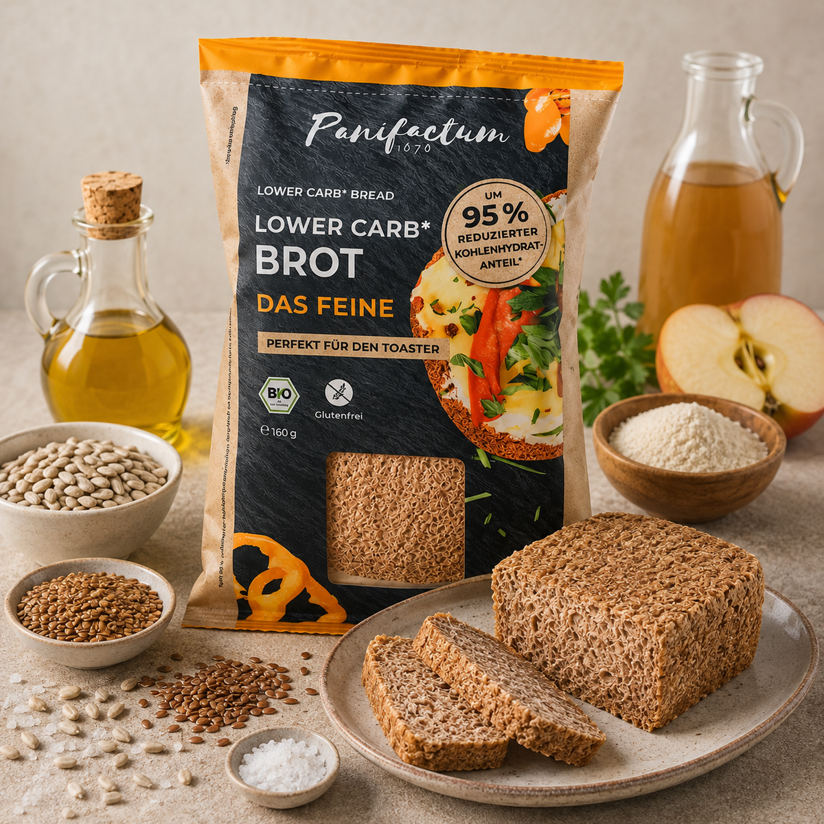 Low Carb Brot Das Feine BIO von Panifactum mit Goldleinsaat und Sonnenblumenkernen