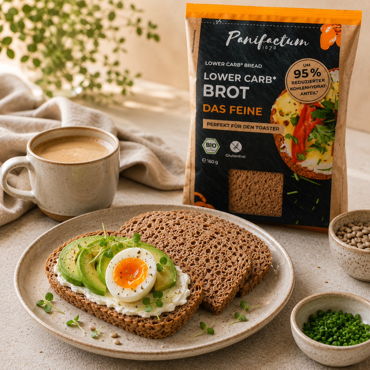 Low Carb Brot Das Feine BIO mit Frischkäse, Avocado und Ei zum Frühstück