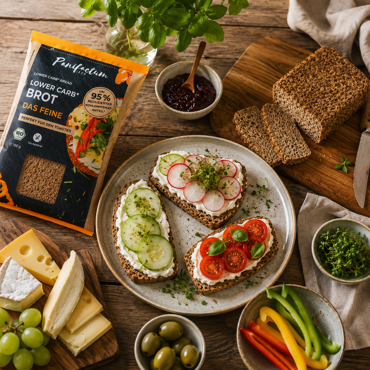 Low Carb Brot Das Feine BIO von Panifactum als herzhafte Brotzeit mit Gemüse und Käse