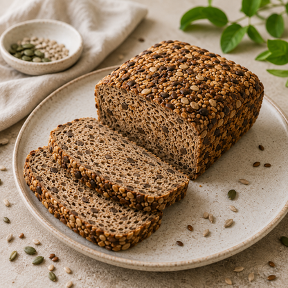 Aufgeschnittenes Low Carb Brot Das Kräftige BIO mit Saaten auf einem Keramikteller