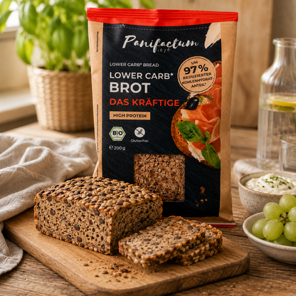 Low Carb Brot Das Kräftige BIO mit aufgeschnittenem kernigem Brot auf einem Holztisch