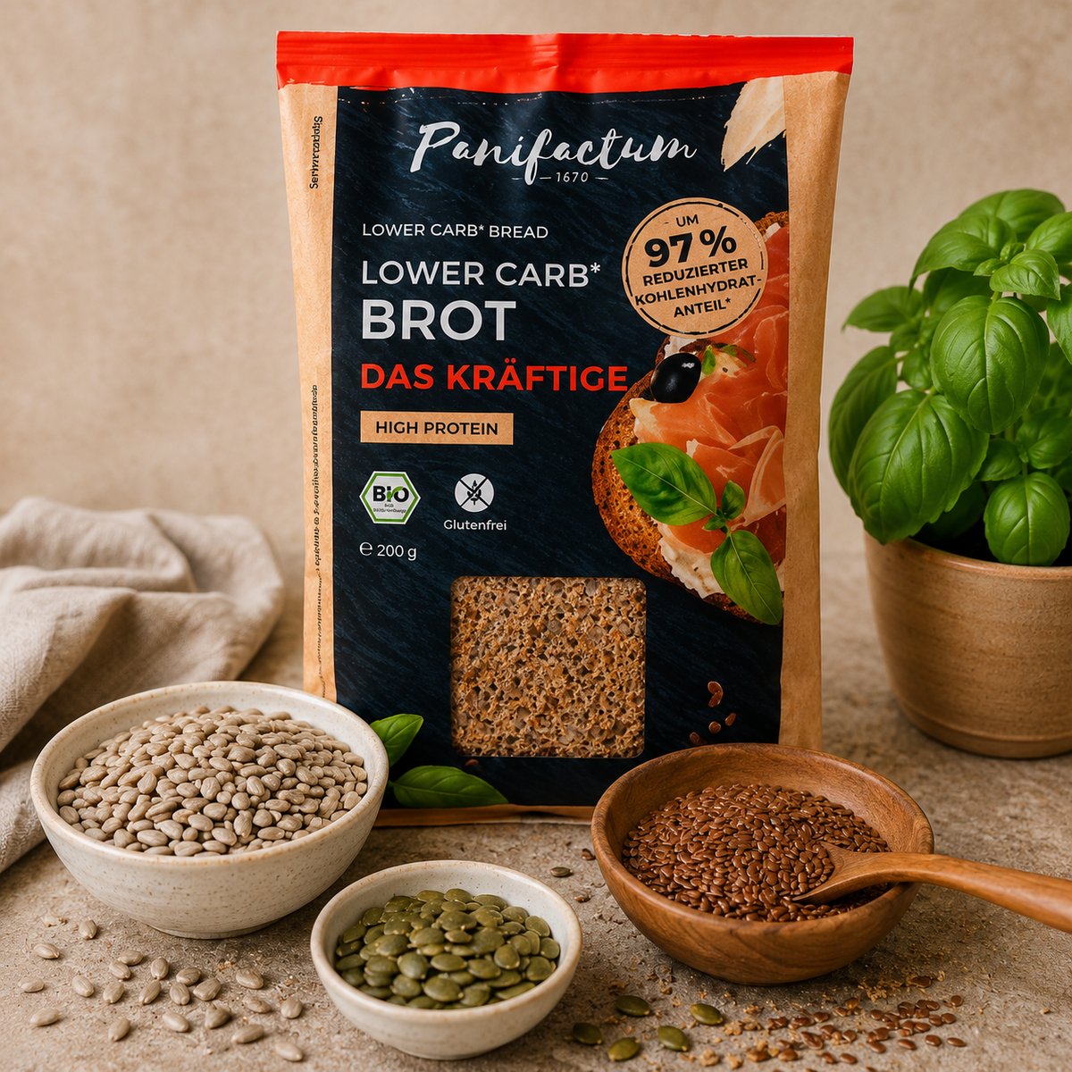 Low Carb Brot Das Kräftige BIO von Panifactum mit Sonnenblumenkernen und Leinsamen
