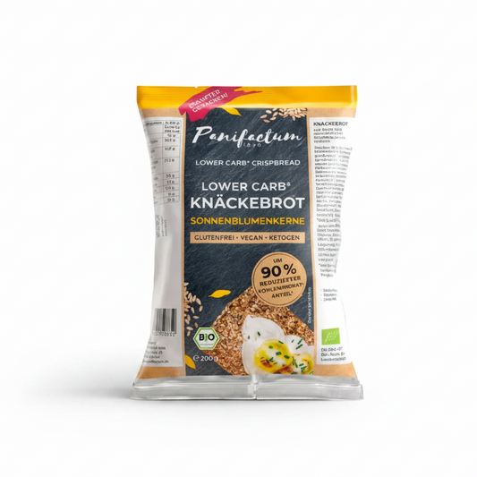 Low-Carb Knäckebrot Sonnenblumenkerne Bio – professionelles Produktfoto, weißer Hintergrund