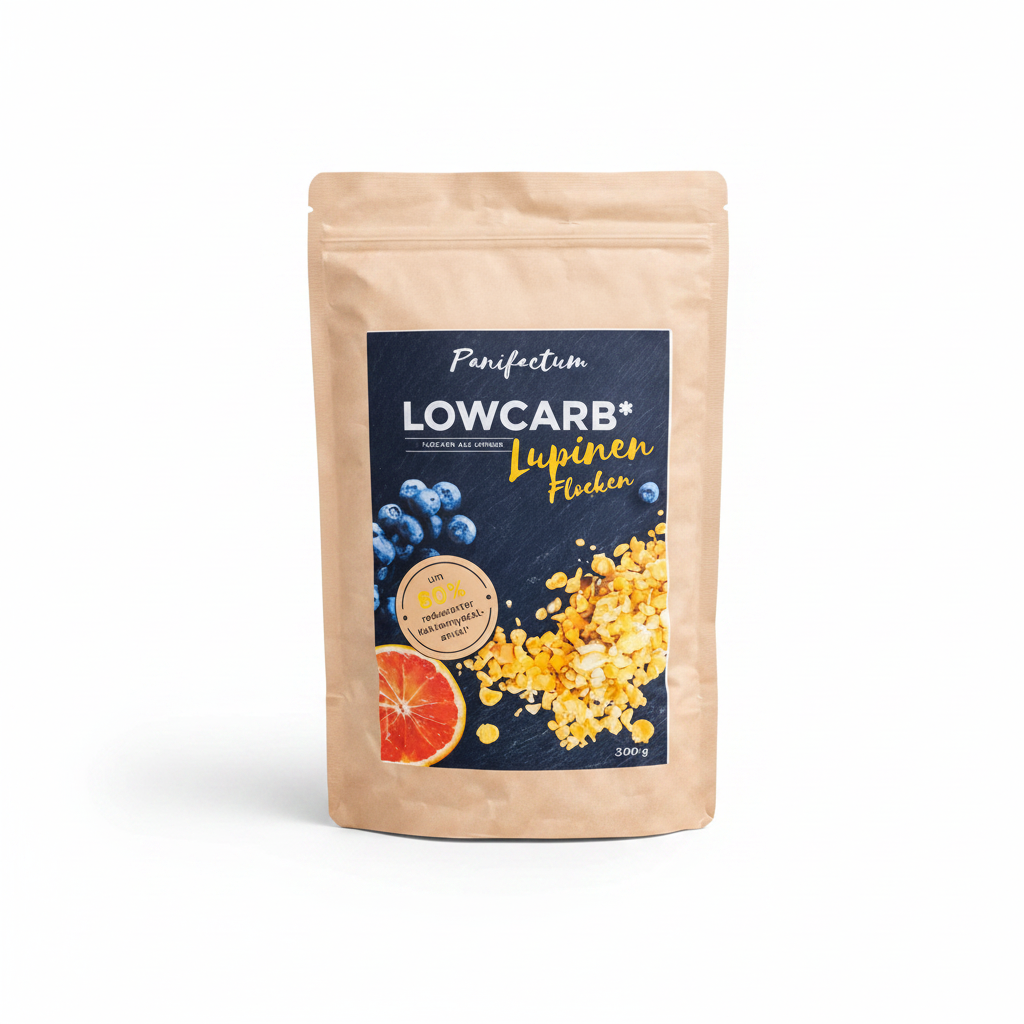 Panifactum Low-Carb Lupinenflocken Bio – professionelles Produktfoto, weißer Hintergrund, 300g