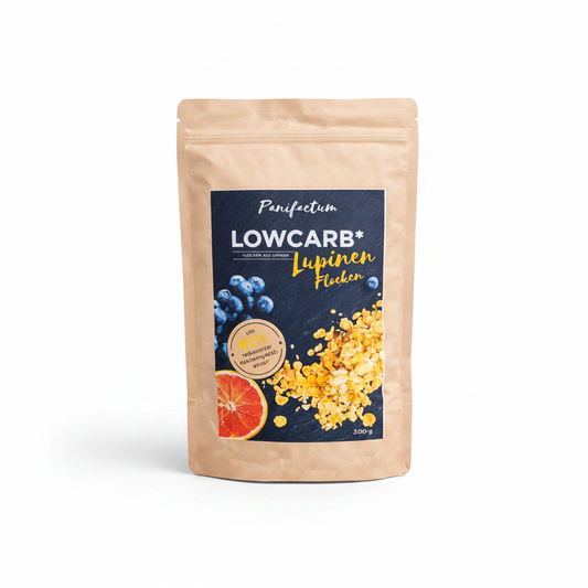Panifactum Low-Carb Lupinenflocken Bio – professionelles Produktfoto, weißer Hintergrund, 300g