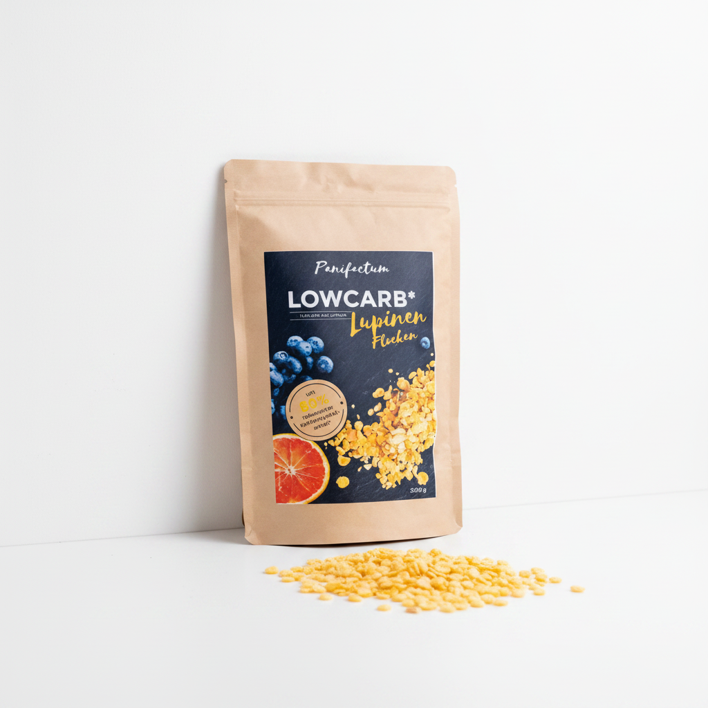 Panifactum Low Carb Lupinenflocken BIO 300g – Produktfoto mit reinen Lupinenflocken, ketogen, glutenfrei