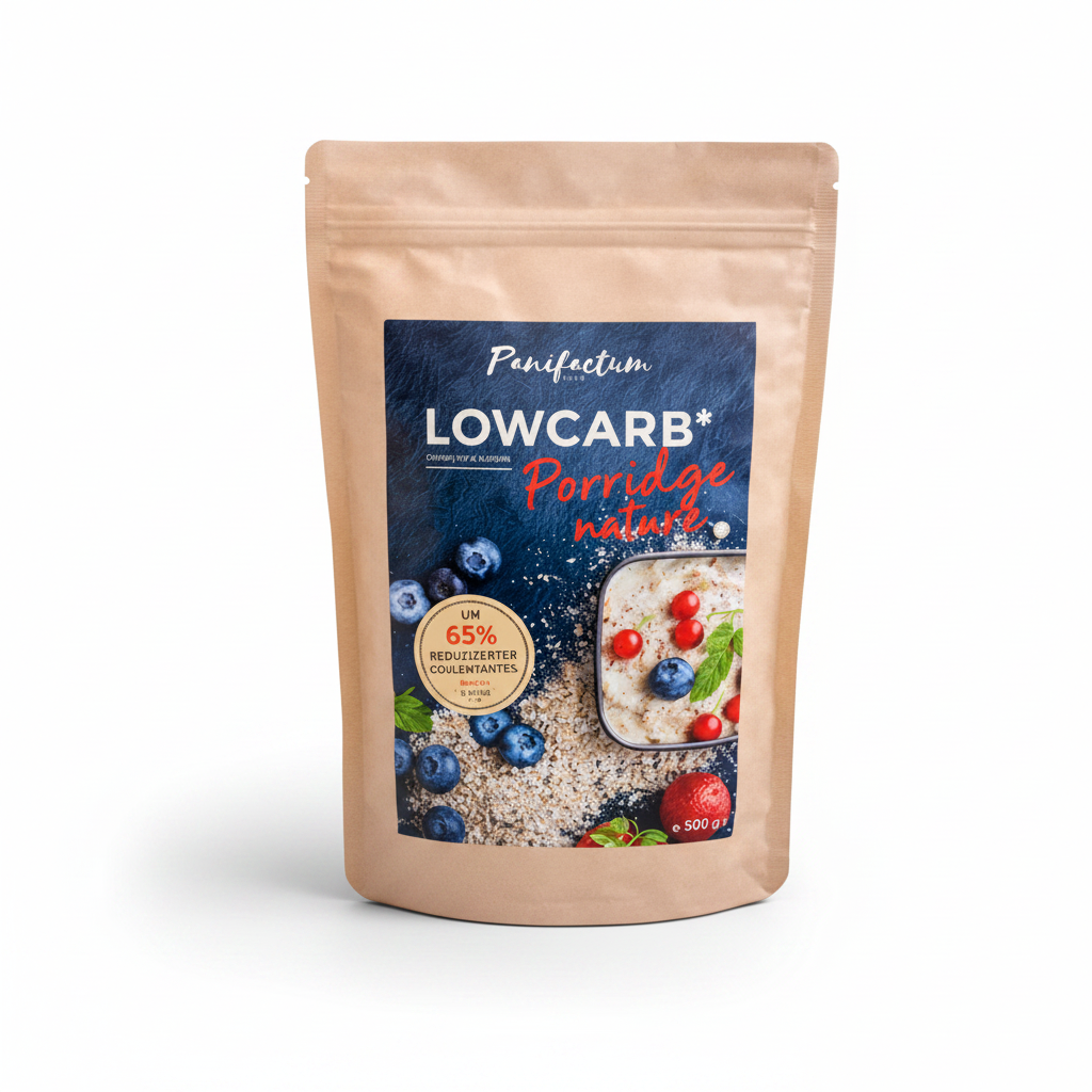 Panifactum Low-Carb Porridge nature – professionelles Produktfoto, weißer Hintergrund, 500g