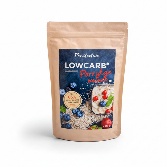 Panifactum Low-Carb Porridge nature – professionelles Produktfoto, weißer Hintergrund, 500g
