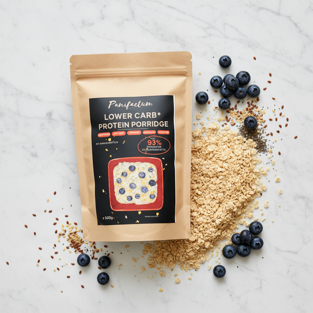 Panifactum Lower Carb Protein Porridge Flatlay – Proteinflocken mit Blaubeeren und Samen auf weißem Marmor, Low Carb
