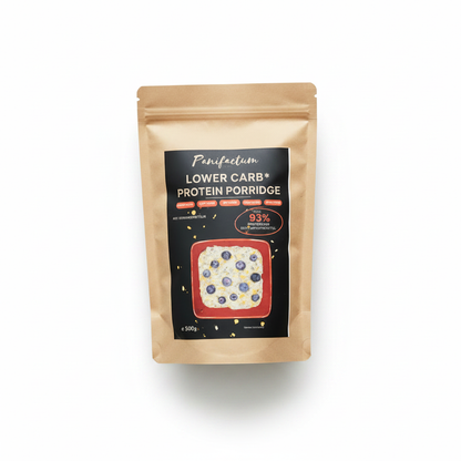 Panifactum Lower-Carb Protein Porridge – professionelles Produktfoto, weißer Hintergrund