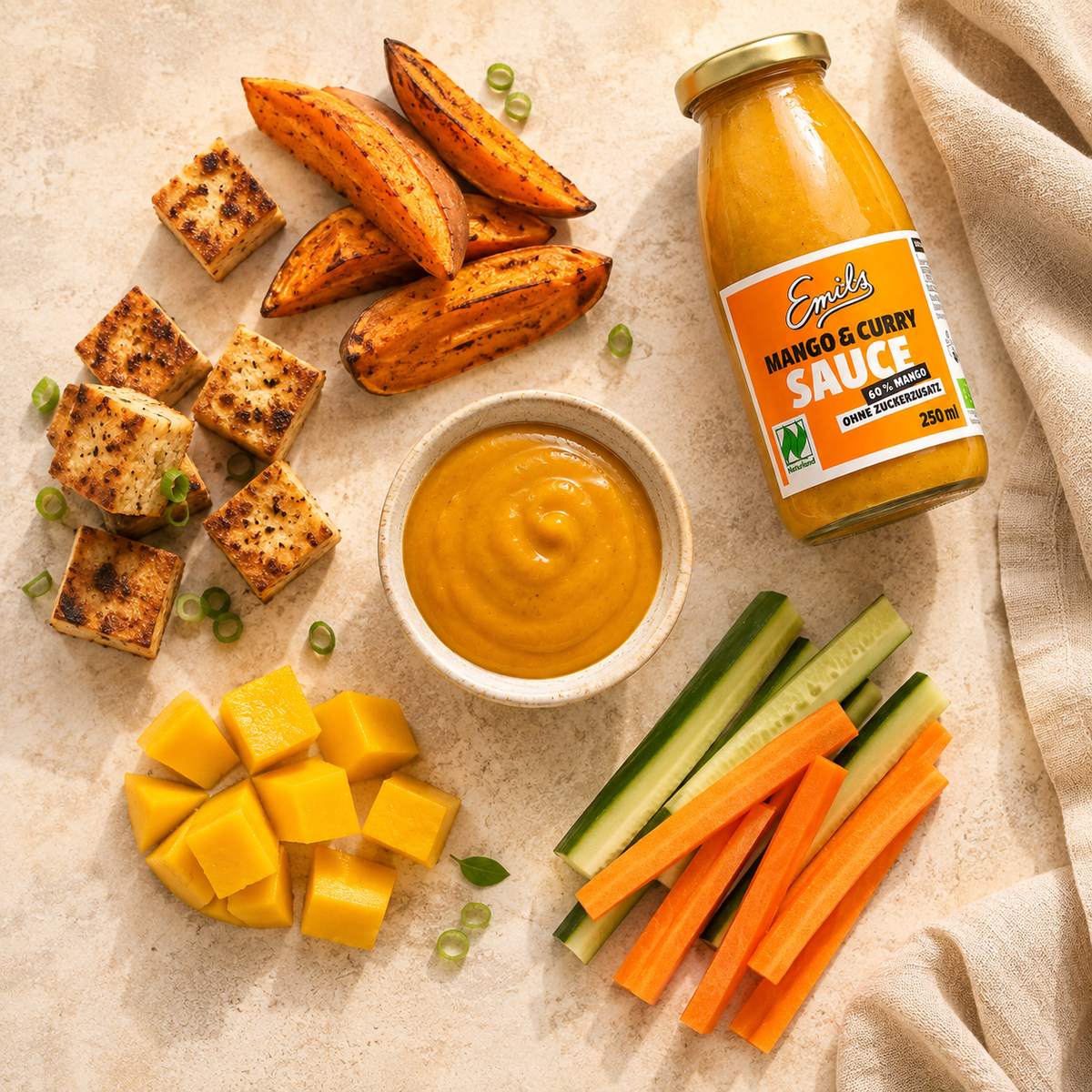 Emils Mango Curry Sauce als Dip mit Tofu, Süßkartoffeln, Mango und frischem Gemüse