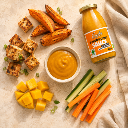 Emils Mango Curry Sauce als Dip mit Tofu, Süßkartoffeln, Mango und frischem Gemüse