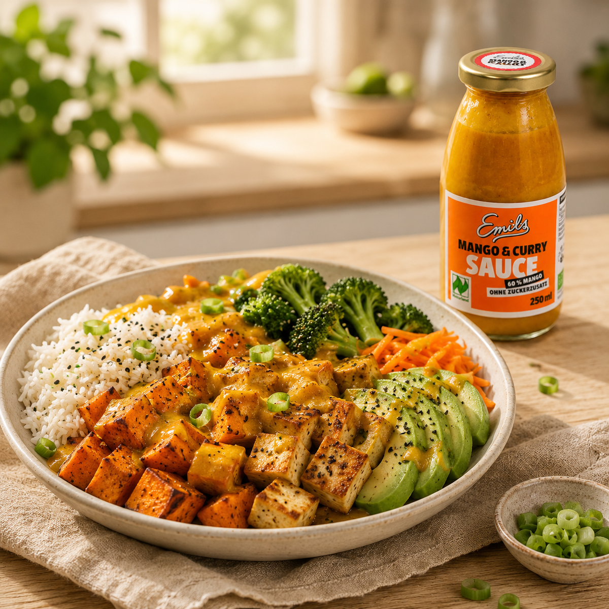 Bowl mit Reis, Tofu, Gemüse und Emils Mango Curry Sauce ohne Zuckerzusatz
