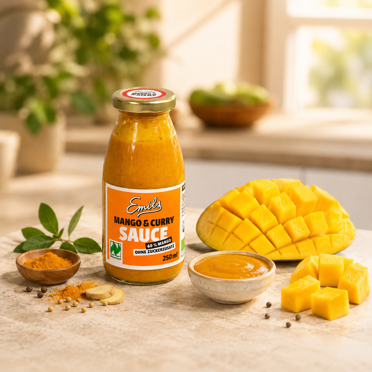 Emils Mango Curry Sauce ohne Zuckerzusatz mit frischer Mango und Curry-Gewürzen