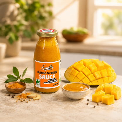 Emils Mango Curry Sauce ohne Zuckerzusatz mit frischer Mango und Curry-Gewürzen