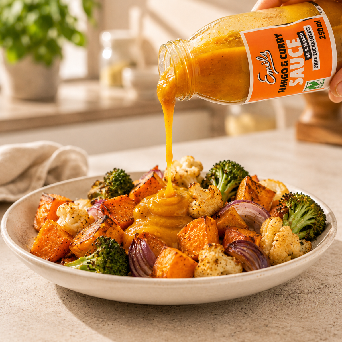 Emils Mango Curry Sauce wird über geröstetes Gemüse mit Süßkartoffeln und Brokkoli gegossen