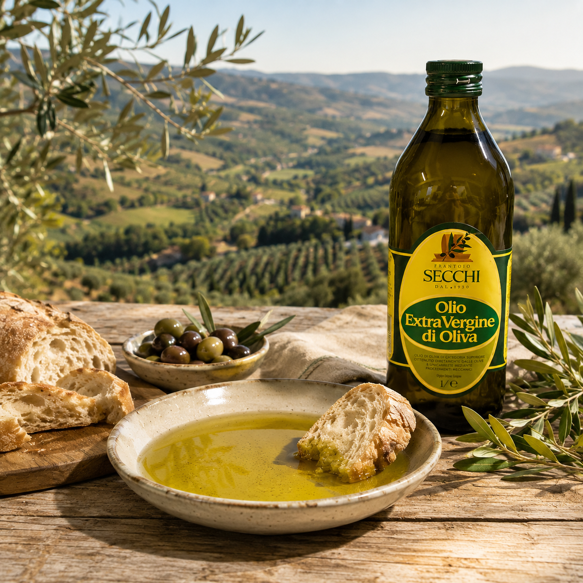 Secchi Olivenöl Extra Vergine mit Brot und Oliven vor mediterraner Landschaft