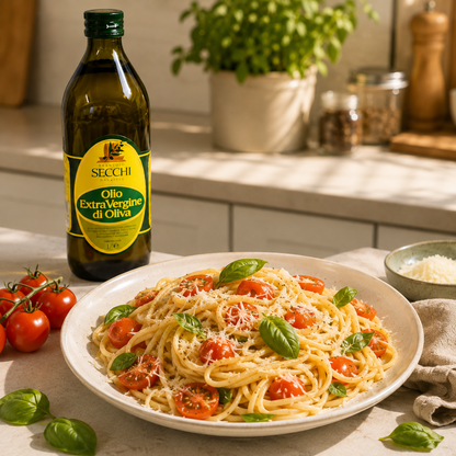 Secchi Olivenöl Extra Vergine mit Pasta, Tomaten, Basilikum und Parmesan