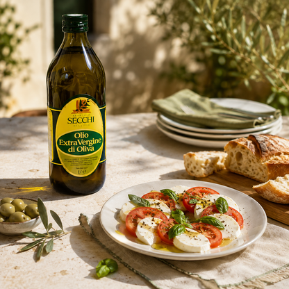 Olivenöl Extra Vergine von Secchi auf mediterran gedecktem Tisch mit Tomaten, Mozzarella und Brot