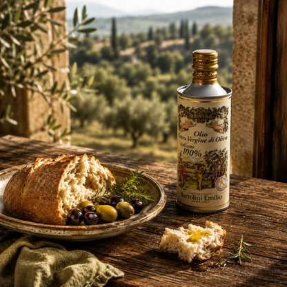 Emilio Bartolini Olivenöl Extra Vergine mit Brot und Oliven vor mediterraner Landschaft