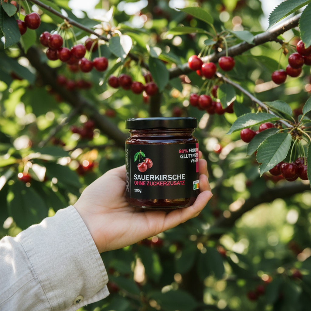 Just Jam Sauerkirsche Marmelade in der Hand vor einem Kirschbaum mit frischen Kirschen – zuckerfrei, glutenfrei, vegan, 200g