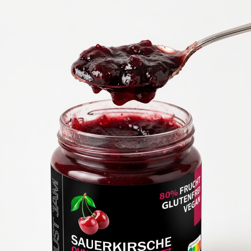 Just Jam Sauerkirsche Marmelade ohne Zuckerzusatz – Nahaufnahme Konsistenz, 80% Frucht, glutenfrei, vegan, 200g