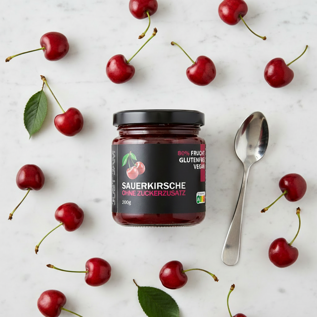 Just Jam Sauerkirsche Marmelade Flatlay auf weißem Marmor mit frischen Kirschen – zuckerfrei, glutenfrei, vegan, 200g