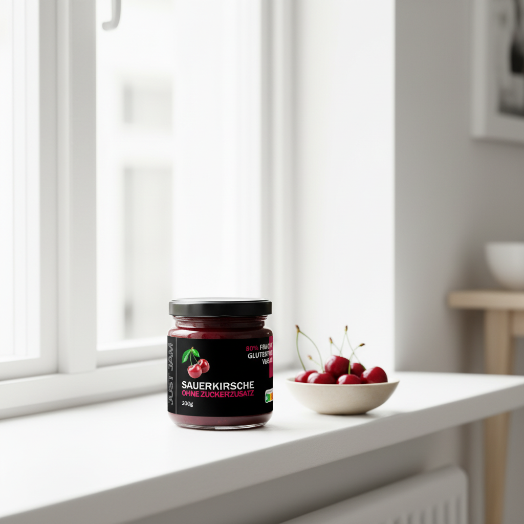 Just Jam Sauerkirsche Marmelade auf weißem Fensterbrett mit frischen Kirschen – zuckerfrei, glutenfrei, vegan, 200g