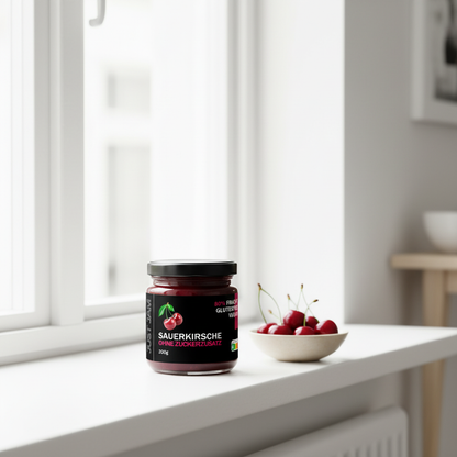 Just Jam Sauerkirsche Marmelade auf weißem Fensterbrett mit frischen Kirschen – zuckerfrei, glutenfrei, vegan, 200g