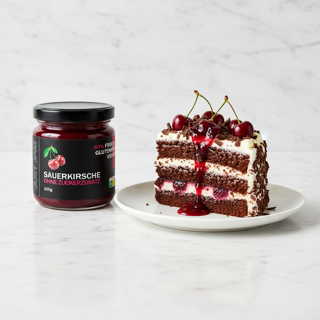 Just Jam Sauerkirsche Marmelade neben Schwarzwälder Kirschtorte – zuckerfrei, glutenfrei, vegan, 200g