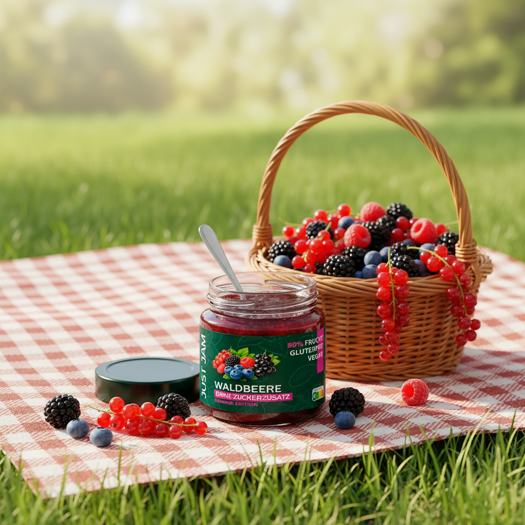 Just Jam Waldbeere Marmelade ohne Zuckerzusatz beim Picknick im Sommer – 80% Frucht, glutenfrei, vegan, 200g