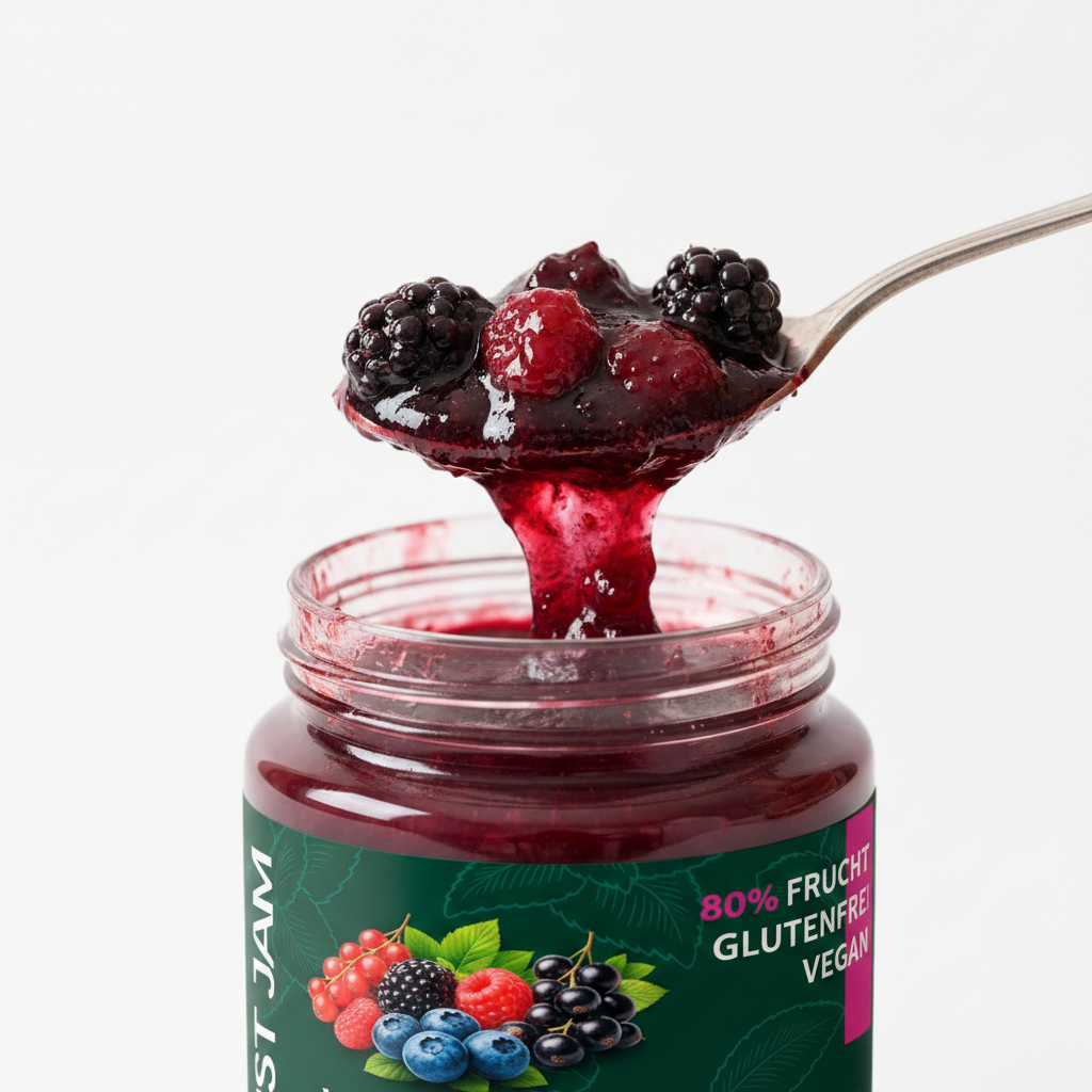 Just Jam Waldbeere Marmelade ohne Zuckerzusatz – Nahaufnahme Konsistenz, 80% Frucht, glutenfrei, vegan, 200g
