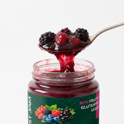 Just Jam Waldbeere Marmelade ohne Zuckerzusatz – Nahaufnahme Konsistenz, 80% Frucht, glutenfrei, vegan, 200g