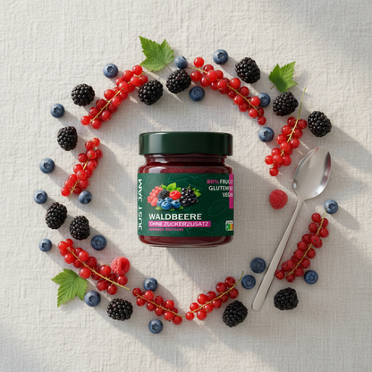 Just Jam Waldbeere Marmelade Flatlay auf Leinen mit frischen Waldbeeren – zuckerfrei, glutenfrei, vegan, 200g