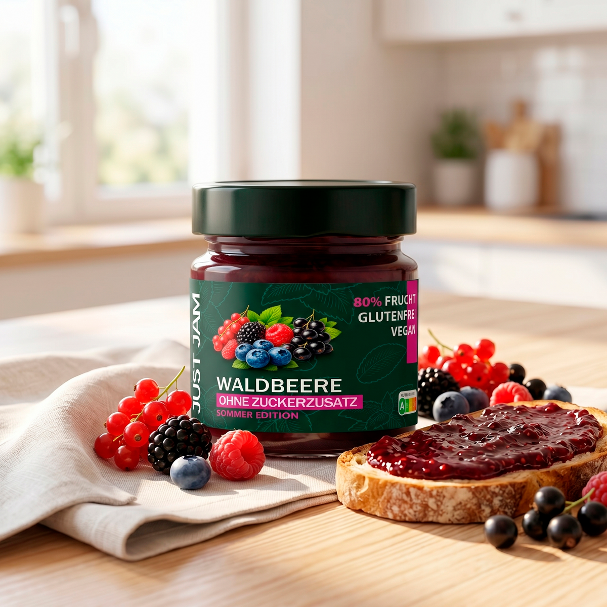 Waldbeerenmarmelade ohne Zuckerzusatz von Just Jam mit Brot und frischen Beeren