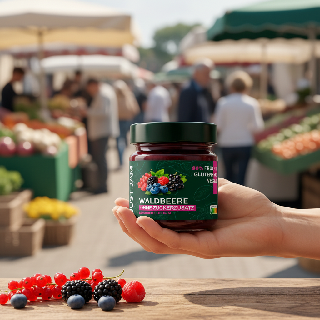 Just Jam Waldbeere Marmelade ohne Zuckerzusatz in der Hand auf dem Wochenmarkt – 80% Frucht, glutenfrei, vegan, 200g