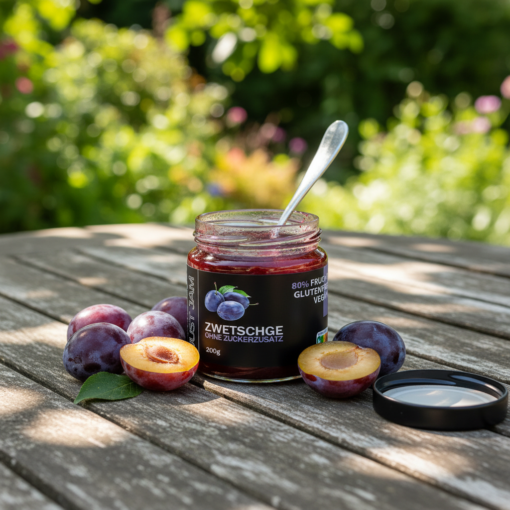 Just Jam Zwetschge Marmelade auf Holztisch im Garten mit frischen Zwetschgen – zuckerfrei, glutenfrei, 200g