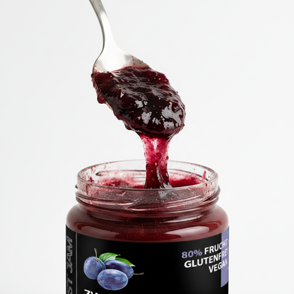 Just Jam Zwetschge Marmelade ohne Zuckerzusatz – Nahaufnahme Konsistenz, 80% Frucht, glutenfrei, vegan, 200g