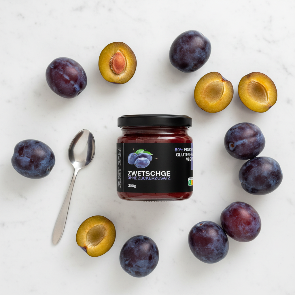 Just Jam Zwetschge Marmelade Flatlay auf weißem Marmor mit frischen Zwetschgen – zuckerfrei, glutenfrei, vegan, 200g