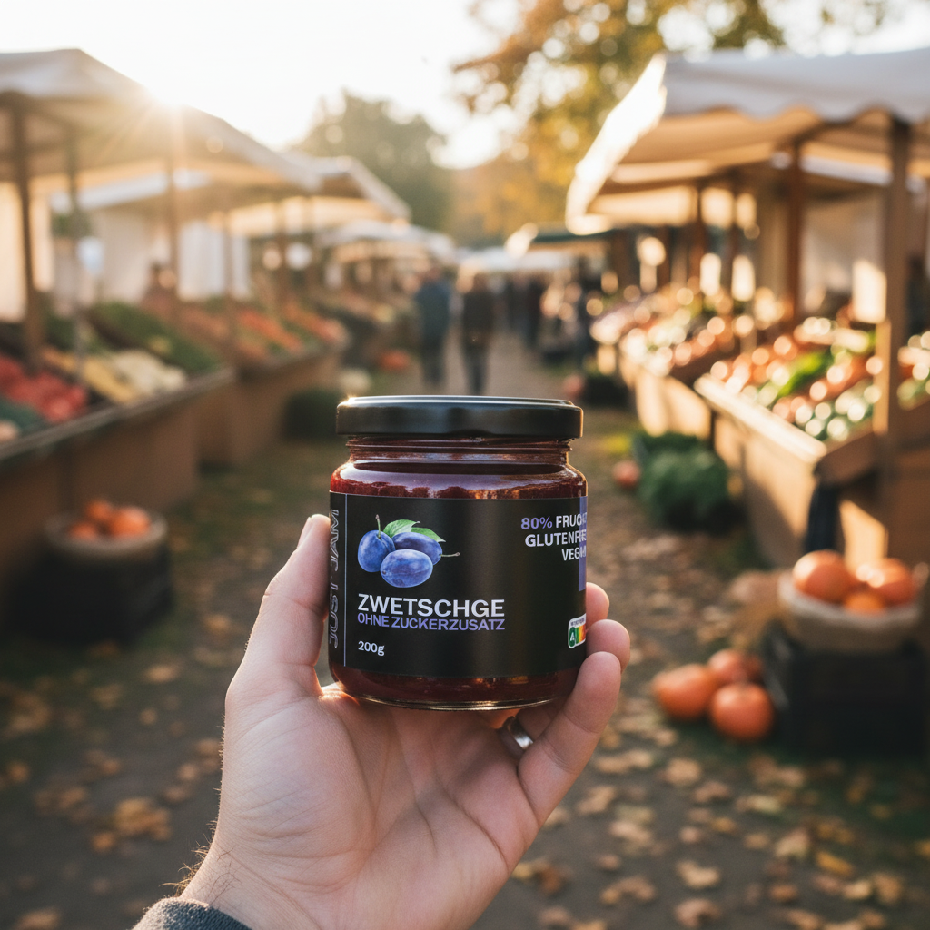 Just Jam Zwetschge Marmelade in der Hand auf dem Herbstmarkt – ohne Zuckerzusatz, vegan, 80% Frucht, 200g