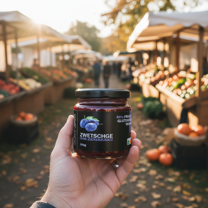 Just Jam Zwetschge Marmelade in der Hand auf dem Herbstmarkt – ohne Zuckerzusatz, vegan, 80% Frucht, 200g