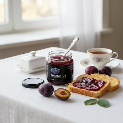 Just Jam Zwetschge Marmelade serviert zum Fruehstueck mit Brioche und frischen Zwetschgen – zuckerfrei, glutenfrei, vegan, 200g